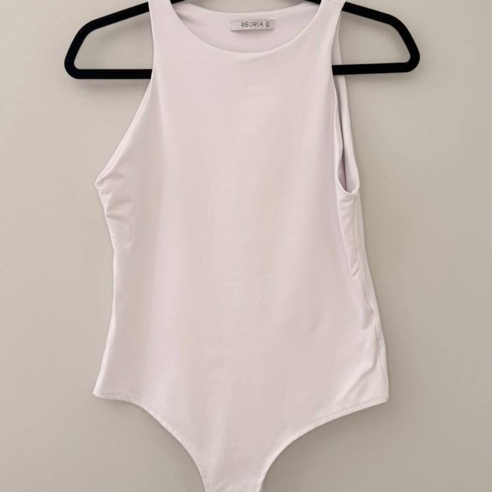 Reoria Women’s Sleeveless Bodysuit L White High Neck Stretch Tank Top